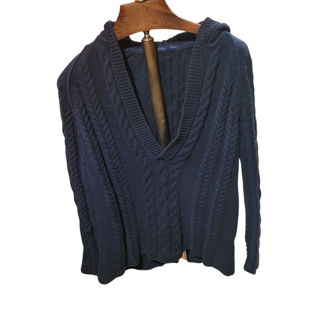 Y2K Gap Navy Cable Knit Oversized V-Neck Hooded Sweater Size Medium